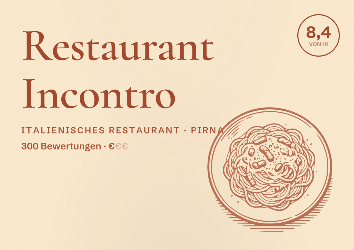 Illustriertes Poster von Restaurant Incontro, Italienisches Restaurant in Pirna: Bewertung 8,4 von 10 aus 300 Bewertungen, Preisniveau €