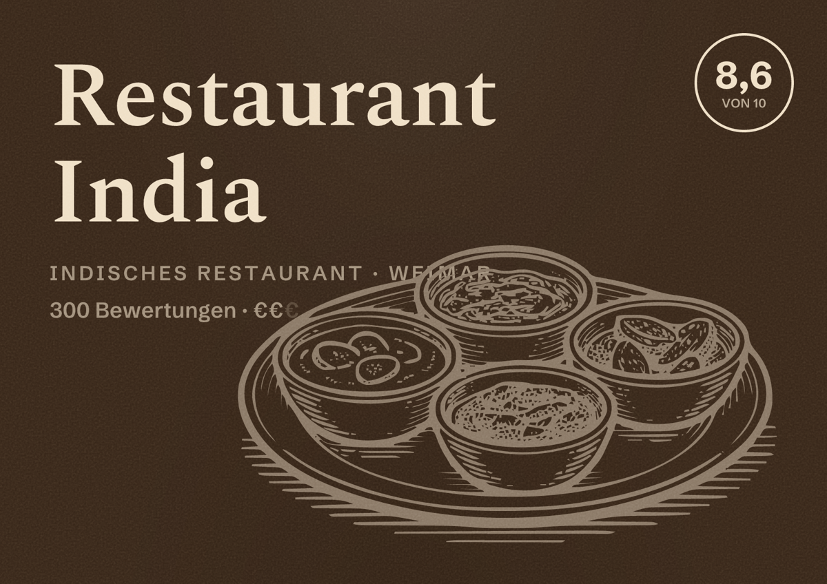 Illustriertes Poster von Restaurant India, Indisches Restaurant in Weimar: Bewertung 8,6 von 10 aus 300 Bewertungen, Preisniveau €€