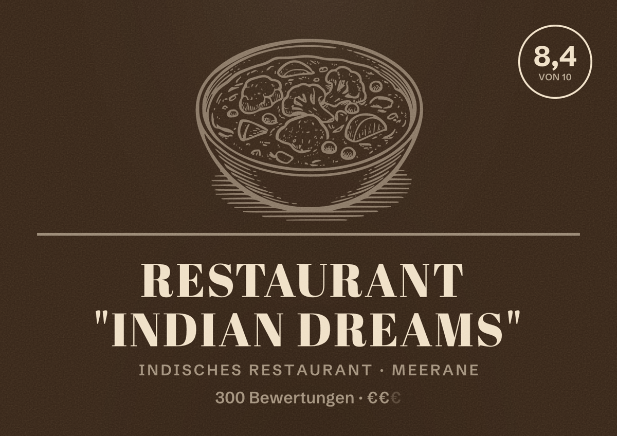 Illustriertes Poster von Restaurant "Indian Dreams", Indisches Restaurant in Meerane: Bewertung 8,4 von 10 aus 300 Bewertungen, Preisniveau €€