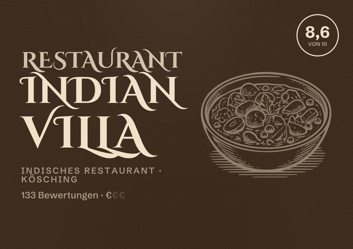 Illustriertes Poster von Restaurant Indian Villa, Indisches Restaurant in Kösching: Bewertung 8,6 von 10 aus 133 Bewertungen, Preisniveau €