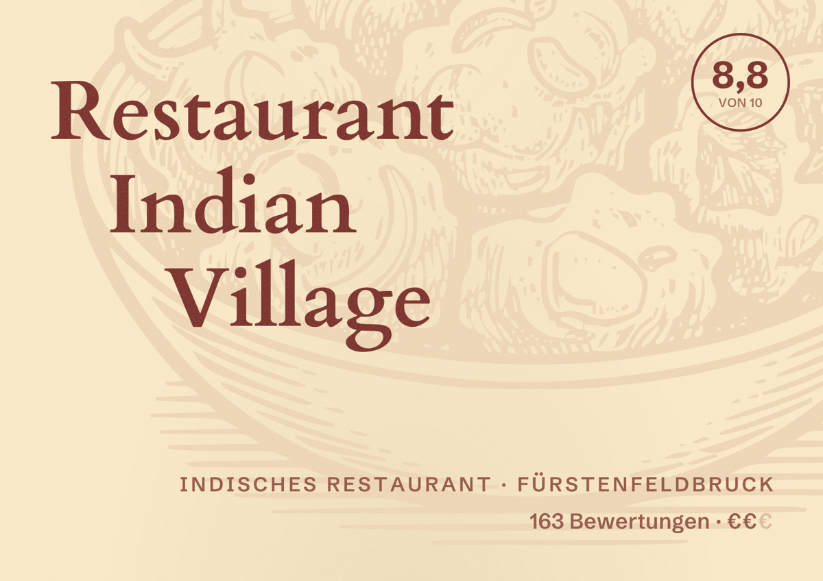 Illustriertes Poster von Restaurant Indian Village, Indisches Restaurant in Fürstenfeldbruck: Bewertung 8,8 von 10 aus 163 Bewertungen, Preisniveau €€