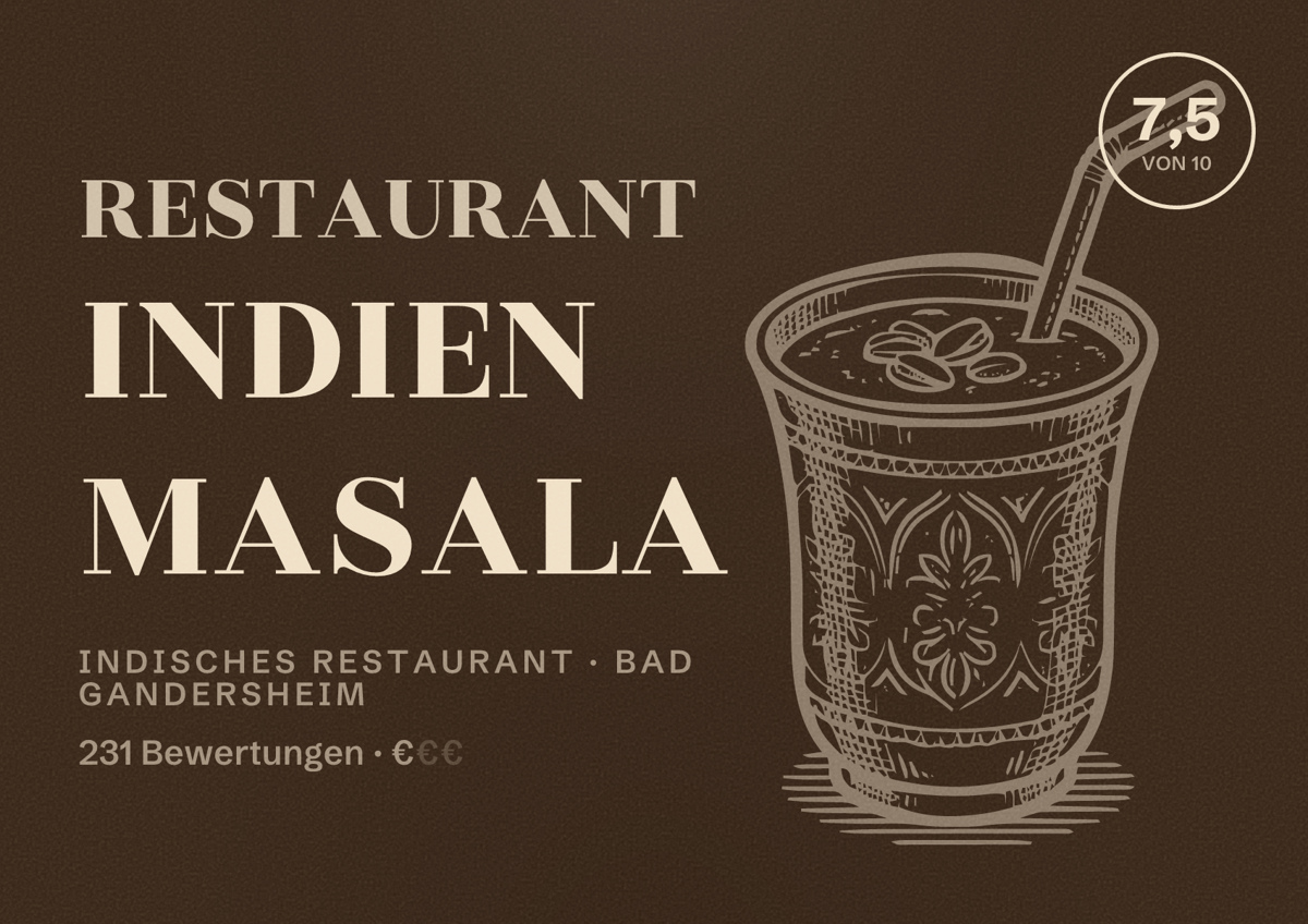 Illustriertes Poster von Restaurant Indien Masala, Indisches Restaurant in Bad Gandersheim: Bewertung 7,5 von 10 aus 231 Bewertungen, Preisniveau €