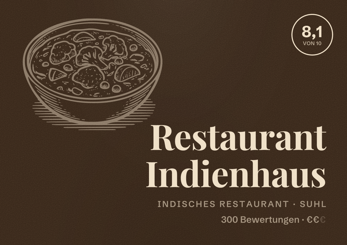 Illustriertes Poster von Restaurant Indienhaus, Indisches Restaurant in Suhl: Bewertung 8,1 von 10 aus 300 Bewertungen, Preisniveau €€