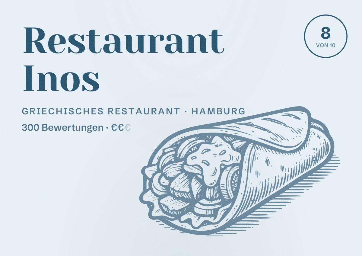 Illustriertes Poster von Restaurant Inos, Griechisches Restaurant in Hamburg: Bewertung 8,0 von 10 aus 300 Bewertungen, Preisniveau €€