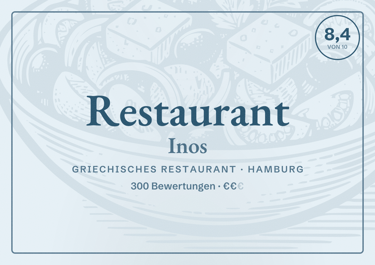 Illustriertes Poster von Restaurant Inos, Griechisches Restaurant in Hamburg: Bewertung 8,4 von 10 aus 300 Bewertungen, Preisniveau €€
