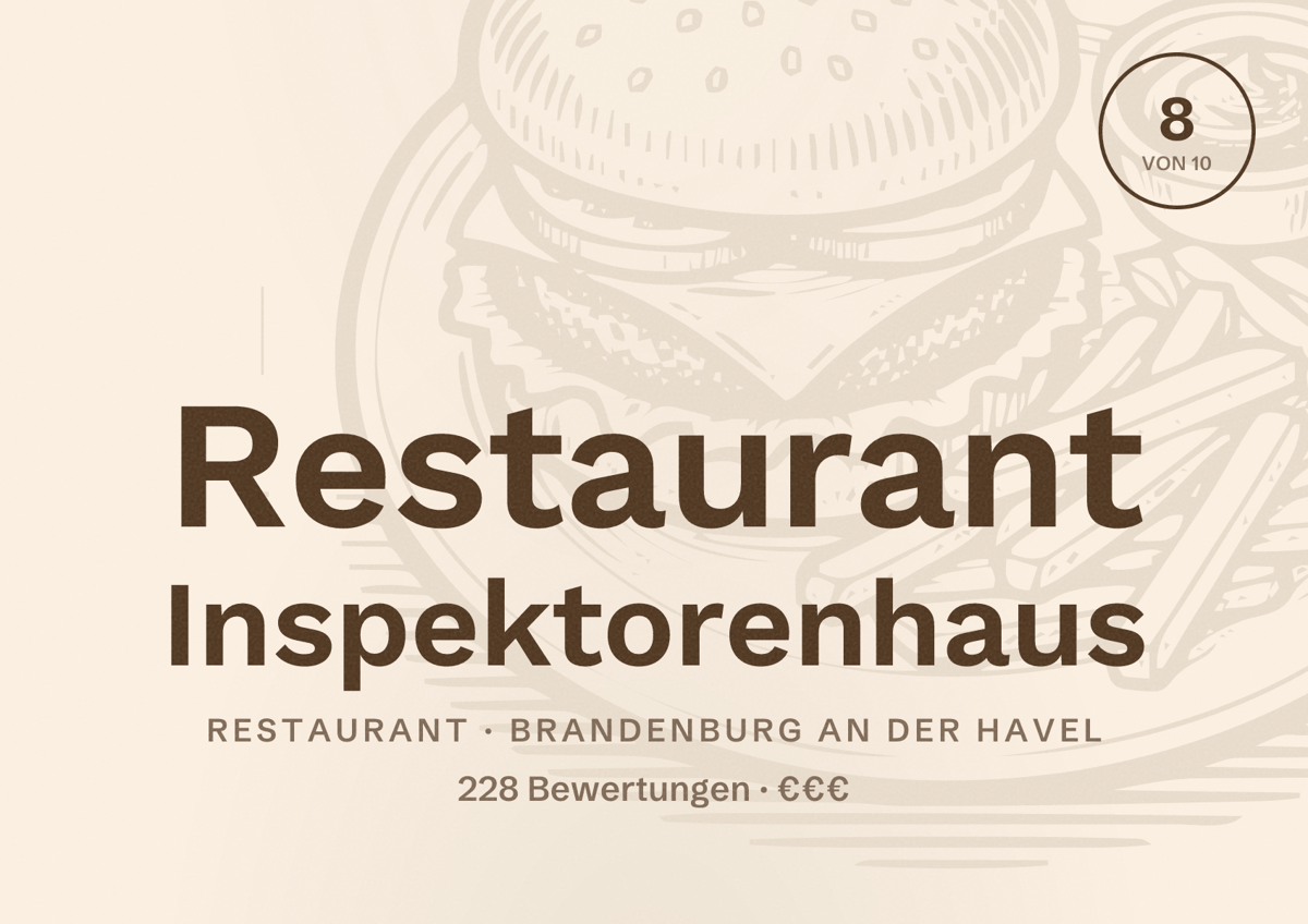 Illustriertes Poster von Restaurant Inspektorenhaus, Restaurant in Brandenburg an der Havel: Bewertung 8 von 10 aus 228 Bewertungen, Preisniveau €€€