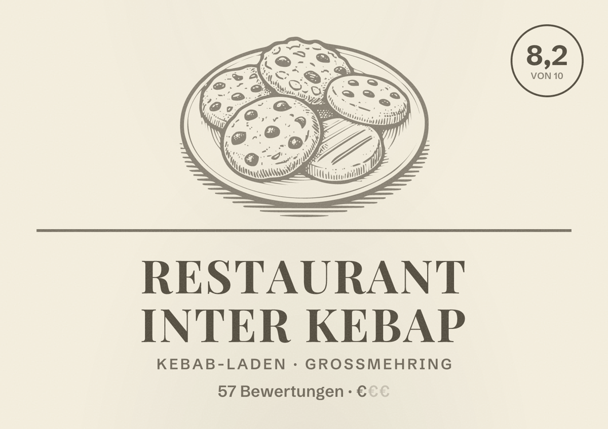 Illustriertes Poster von Restaurant Inter Kebap, Kebab-Laden in Großmehring: Bewertung 8,2 von 10 aus 57 Bewertungen, Preisniveau €
