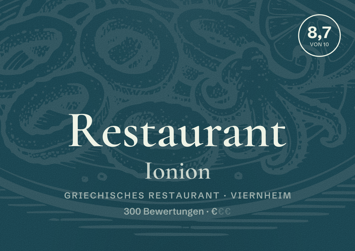 Illustriertes Poster von Restaurant Ionion, Griechisches Restaurant in Viernheim: Bewertung 8,7 von 10 aus 300 Bewertungen, Preisniveau €