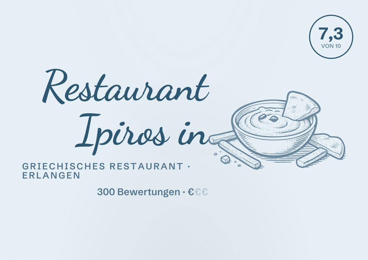 Illustriertes Poster von Restaurant Ipiros in, Griechisches Restaurant in Erlangen: Bewertung 7,3 von 10 aus 300 Bewertungen, Preisniveau €