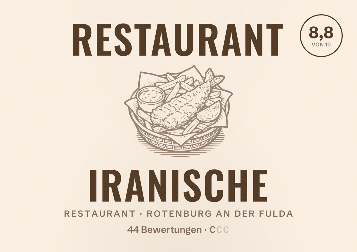 Illustriertes Poster von Restaurant Iranische, Restaurant in Rotenburg an der Fulda: Bewertung 8,8 von 10 aus 44 Bewertungen, Preisniveau €