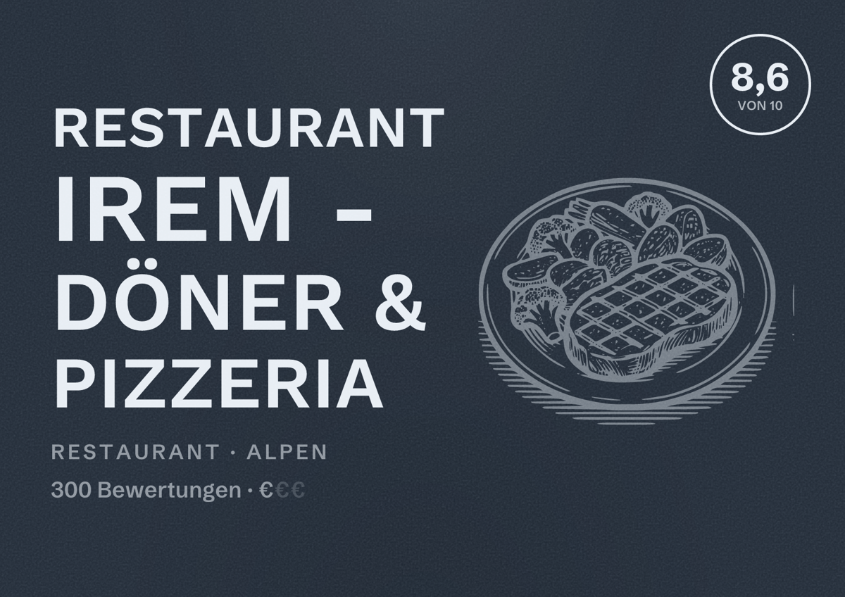 Illustriertes Poster von Restaurant Irem - Döner & Pizzeria, Restaurant in Alpen: Bewertung 8,6 von 10 aus 300 Bewertungen, Preisniveau €