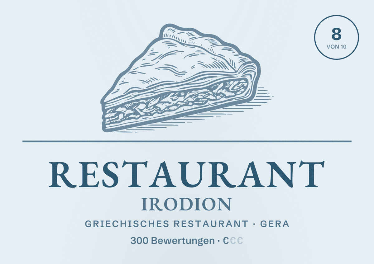 Illustriertes Poster von Restaurant Irodion, Griechisches Restaurant in Gera: Bewertung 8 von 10 aus 300 Bewertungen, Preisniveau €