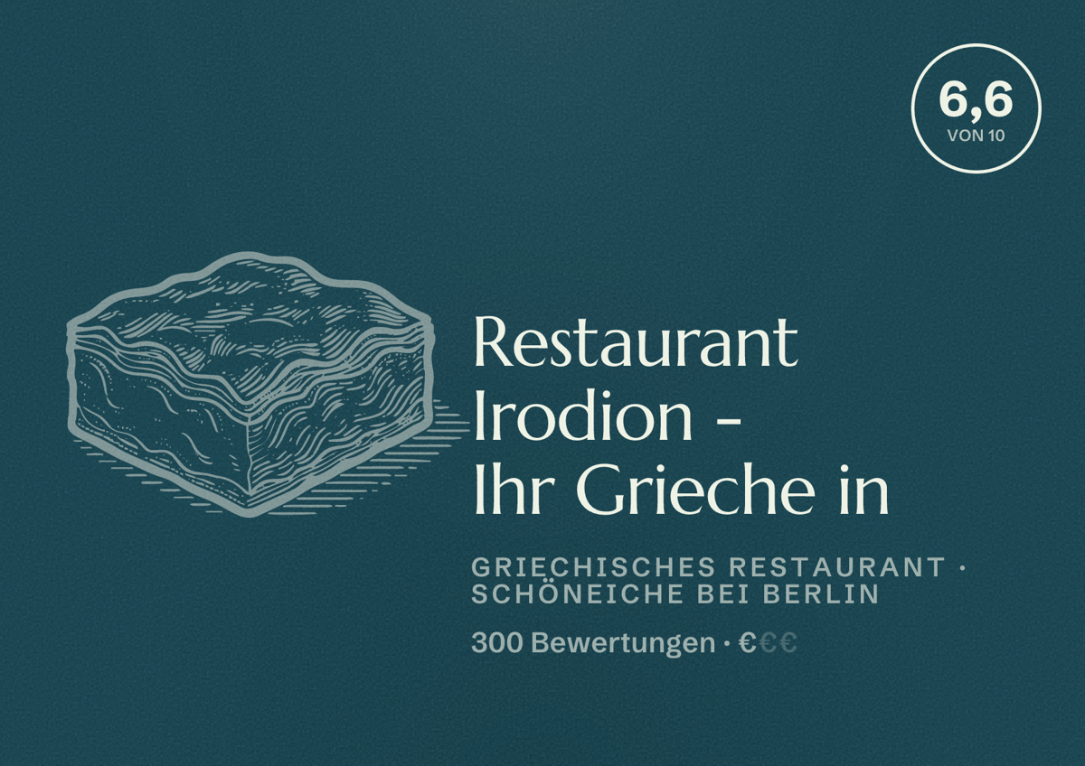 Illustriertes Poster von Restaurant Irodion - Ihr Grieche in, Griechisches Restaurant in Schöneiche bei Berlin: Bewertung 6,6 von 10 aus 300 Bewertungen, Preisniveau €