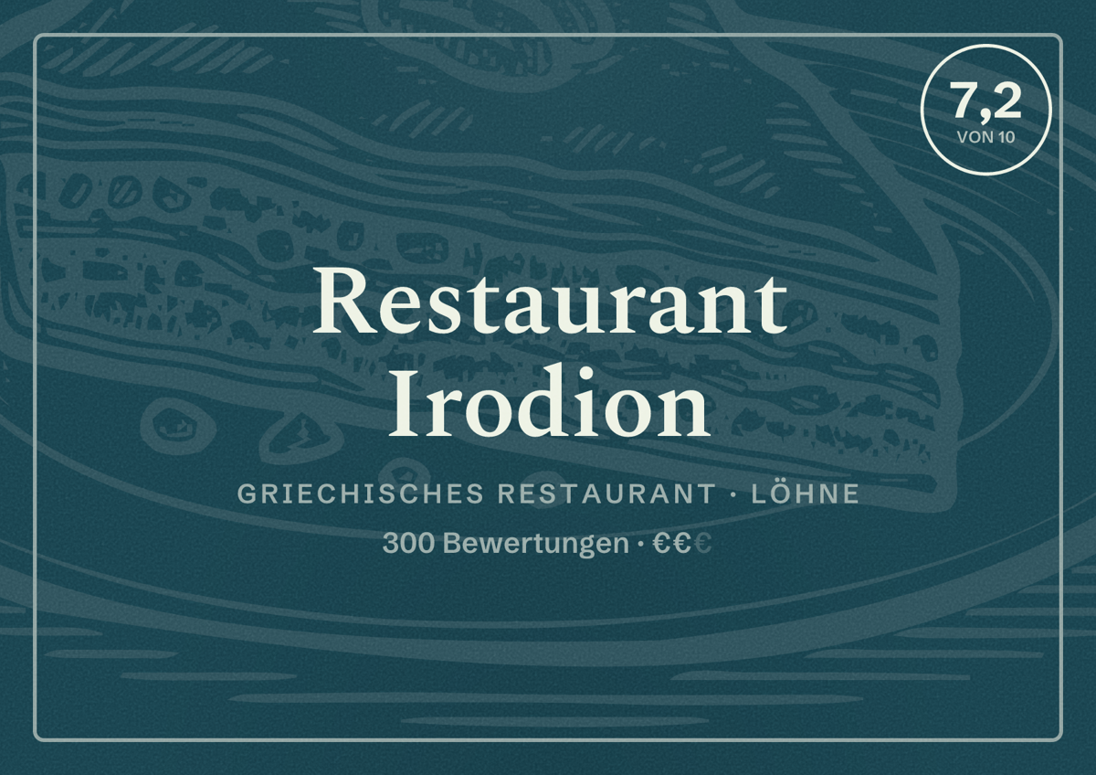 Illustriertes Poster von Restaurant Irodion, Griechisches Restaurant in Löhne: Bewertung 7,2 von 10 aus 300 Bewertungen, Preisniveau €€