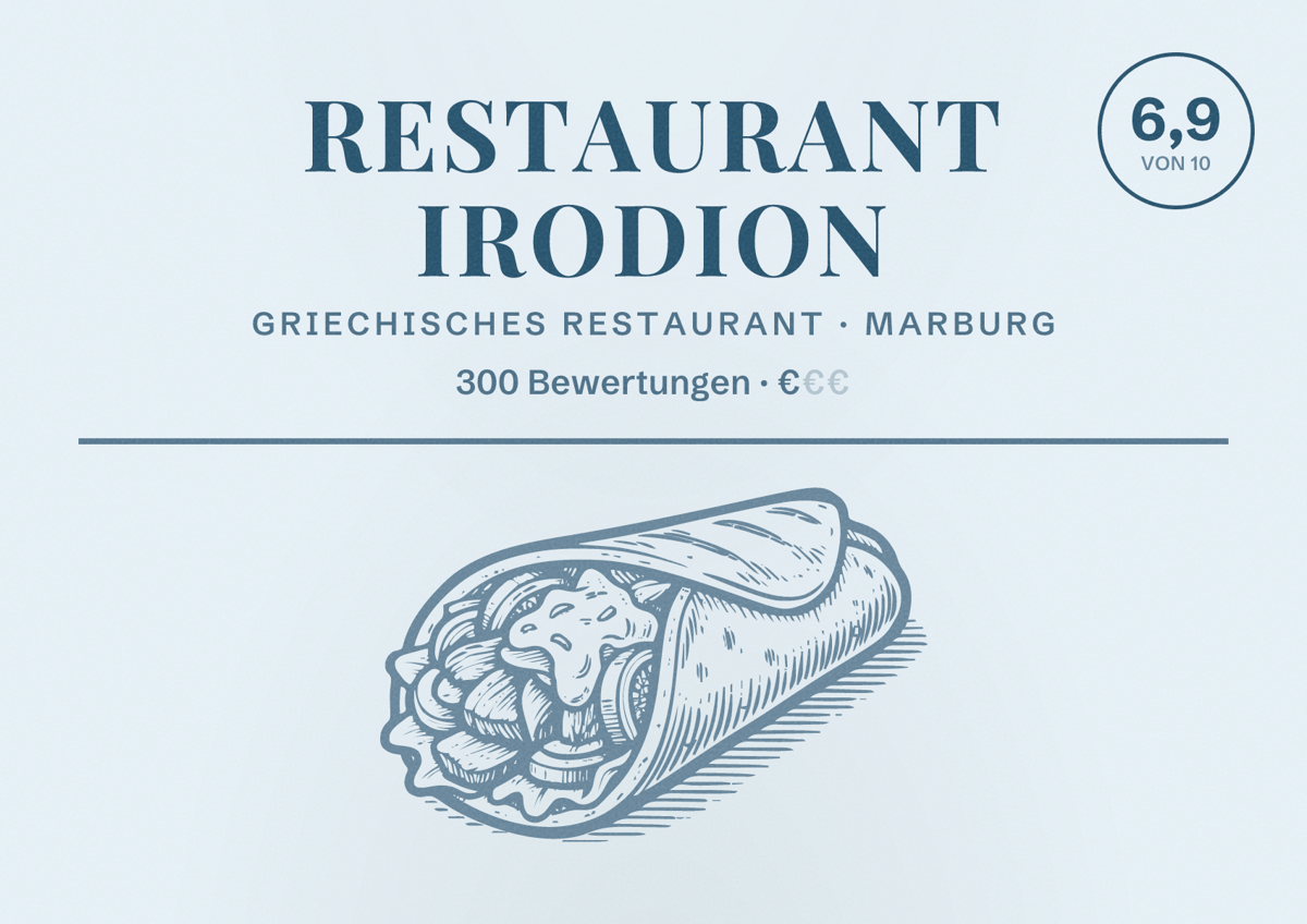 Illustriertes Poster von Restaurant Irodion, Griechisches Restaurant in Marburg: Bewertung 6,9 von 10 aus 300 Bewertungen, Preisniveau €