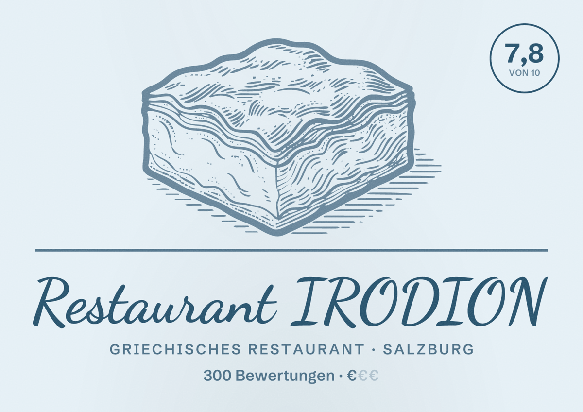 Illustriertes Poster von Restaurant IRODION, Griechisches Restaurant in Salzburg: Bewertung 7,8 von 10 aus 300 Bewertungen, Preisniveau €