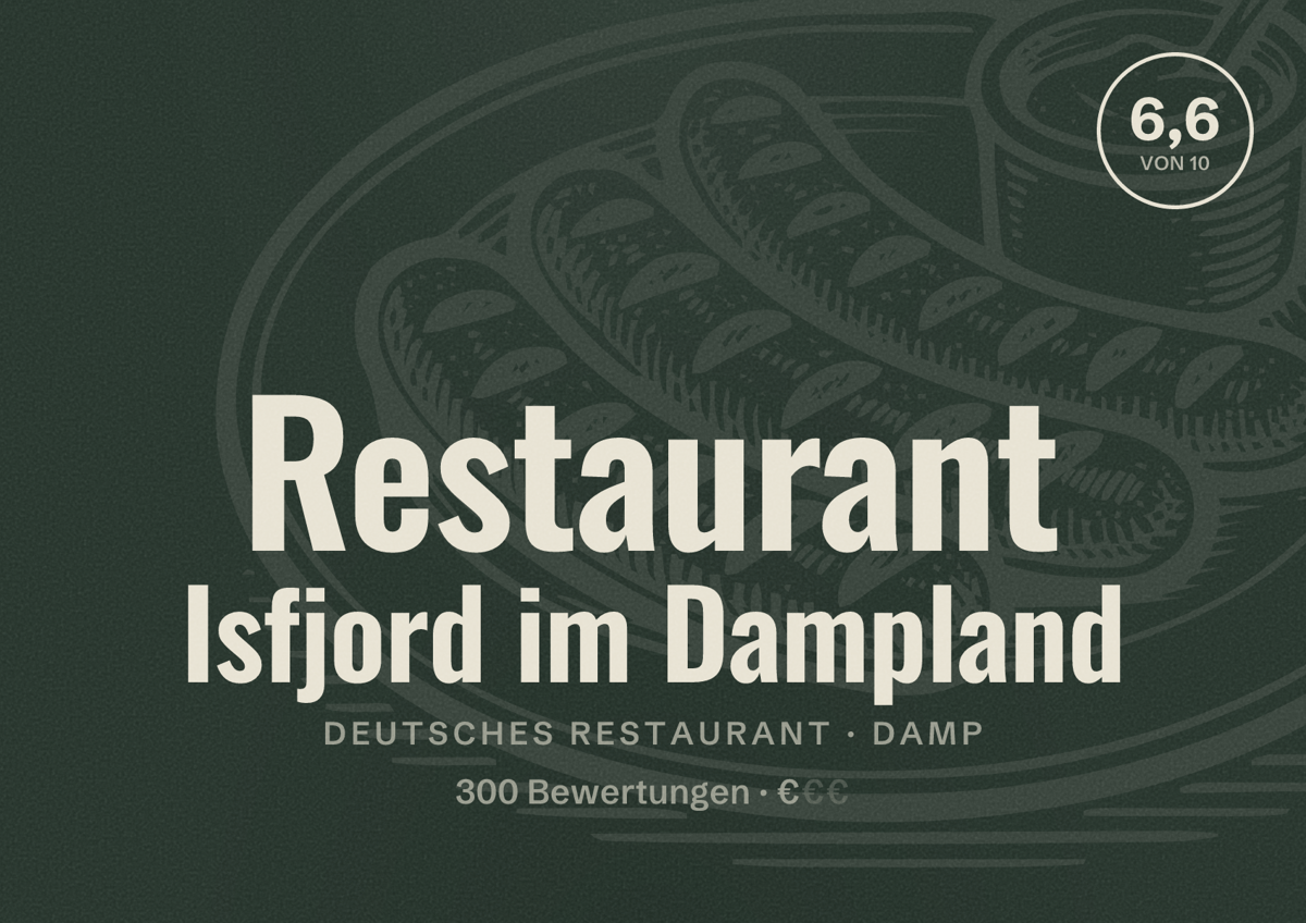 Illustriertes Poster von Restaurant Isfjord im Dampland, Deutsches Restaurant in Damp: Bewertung 6,6 von 10 aus 300 Bewertungen, Preisniveau €