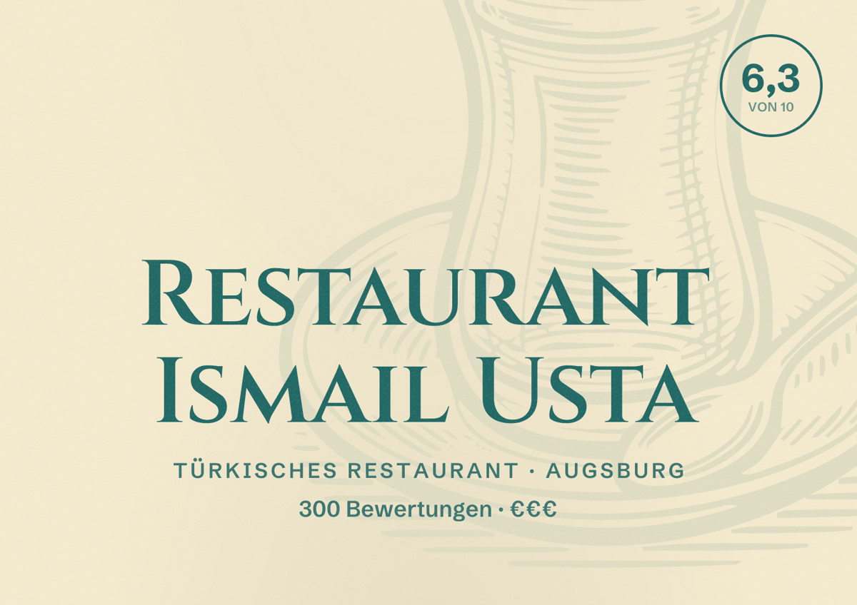 Illustriertes Poster von Restaurant Ismail Usta, Türkisches Restaurant in Augsburg: Bewertung 6,3 von 10 aus 300 Bewertungen, Preisniveau €€€