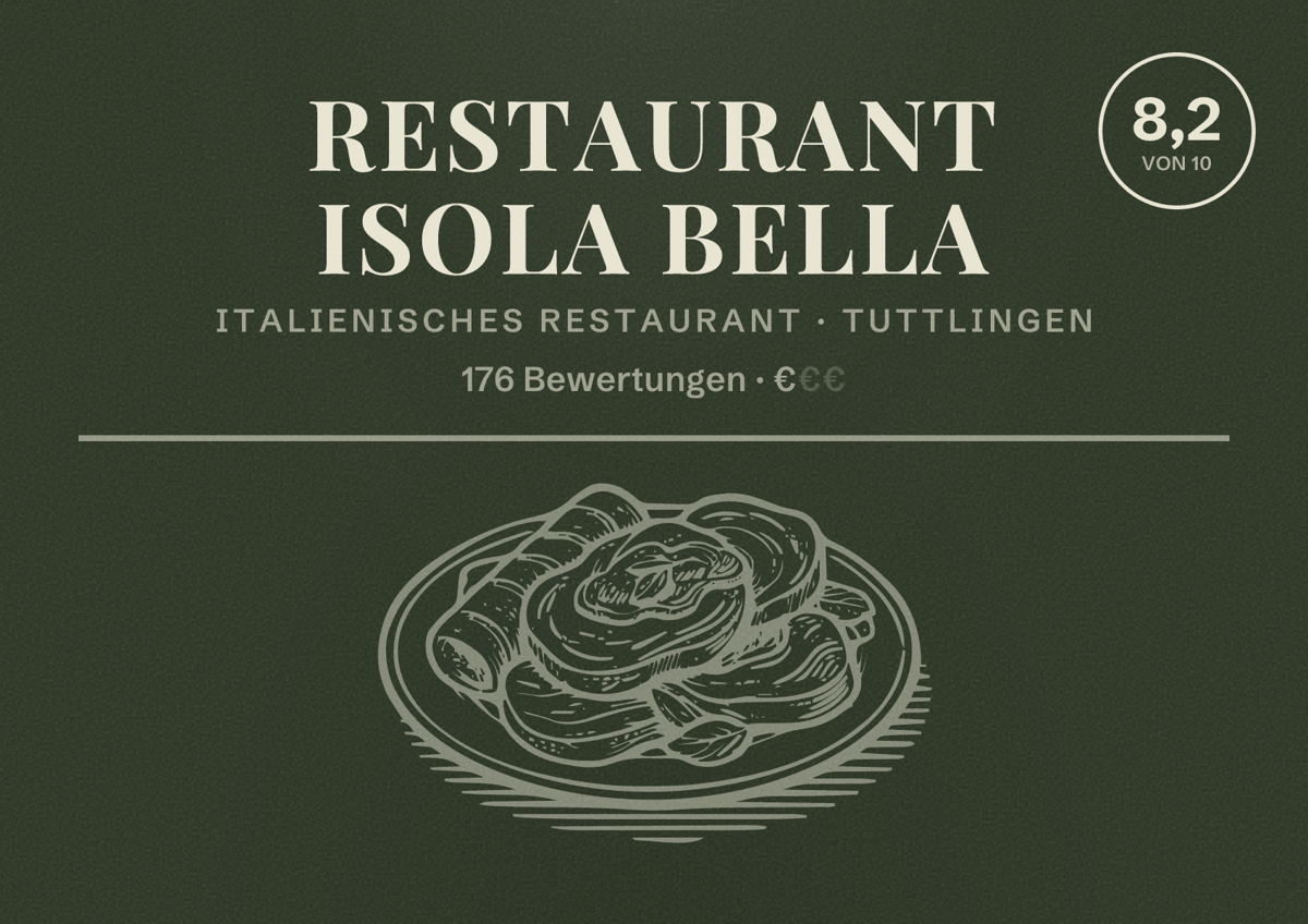 Illustriertes Poster von Restaurant Isola Bella, Italienisches Restaurant in Tuttlingen: Bewertung 8,2 von 10 aus 176 Bewertungen, Preisniveau €