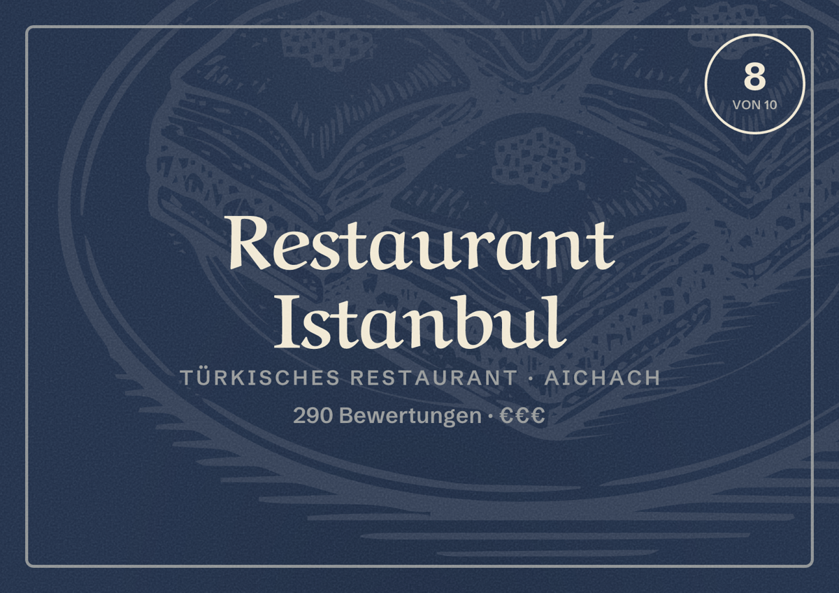 Illustriertes Poster von Restaurant Istanbul, Türkisches Restaurant in Aichach: Bewertung 8 von 10 aus 290 Bewertungen, Preisniveau €€€