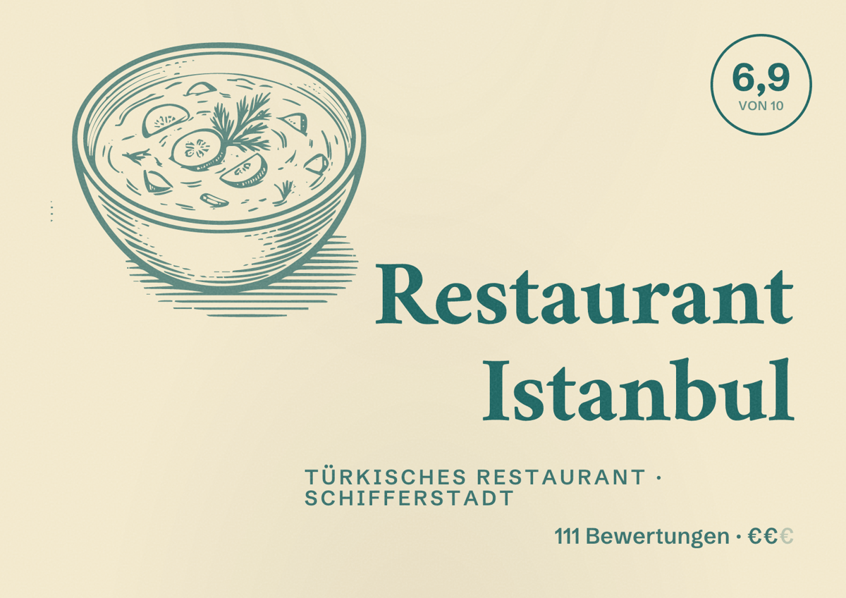 Illustriertes Poster von Restaurant Istanbul, Türkisches Restaurant in Schifferstadt: Bewertung 6,9 von 10 aus 111 Bewertungen, Preisniveau €€