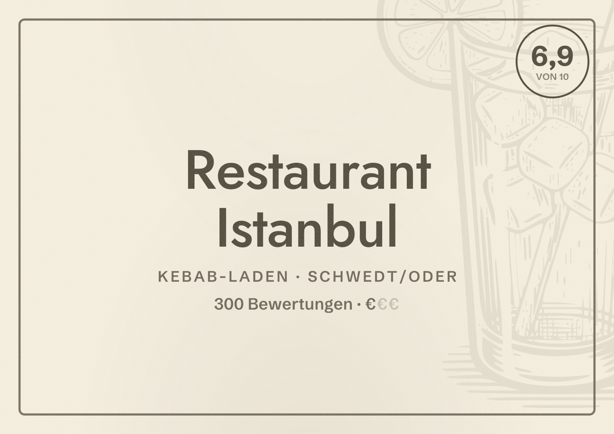 Illustriertes Poster von Restaurant Istanbul, Kebab-Laden in Schwedt/Oder: Bewertung 6,9 von 10 aus 300 Bewertungen, Preisniveau €