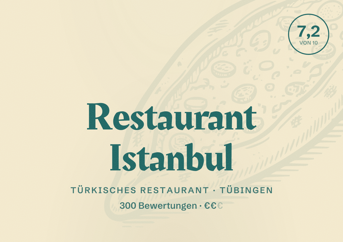Illustriertes Poster von Restaurant Istanbul, Türkisches Restaurant in Tübingen: Bewertung 7,2 von 10 aus 300 Bewertungen, Preisniveau €€
