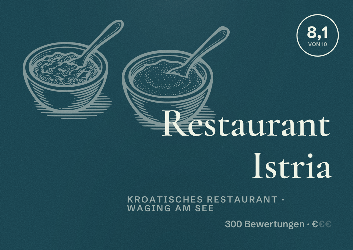 Illustriertes Poster von Restaurant Istria, Kroatisches Restaurant in Waging am See: Bewertung 8,1 von 10 aus 300 Bewertungen, Preisniveau €