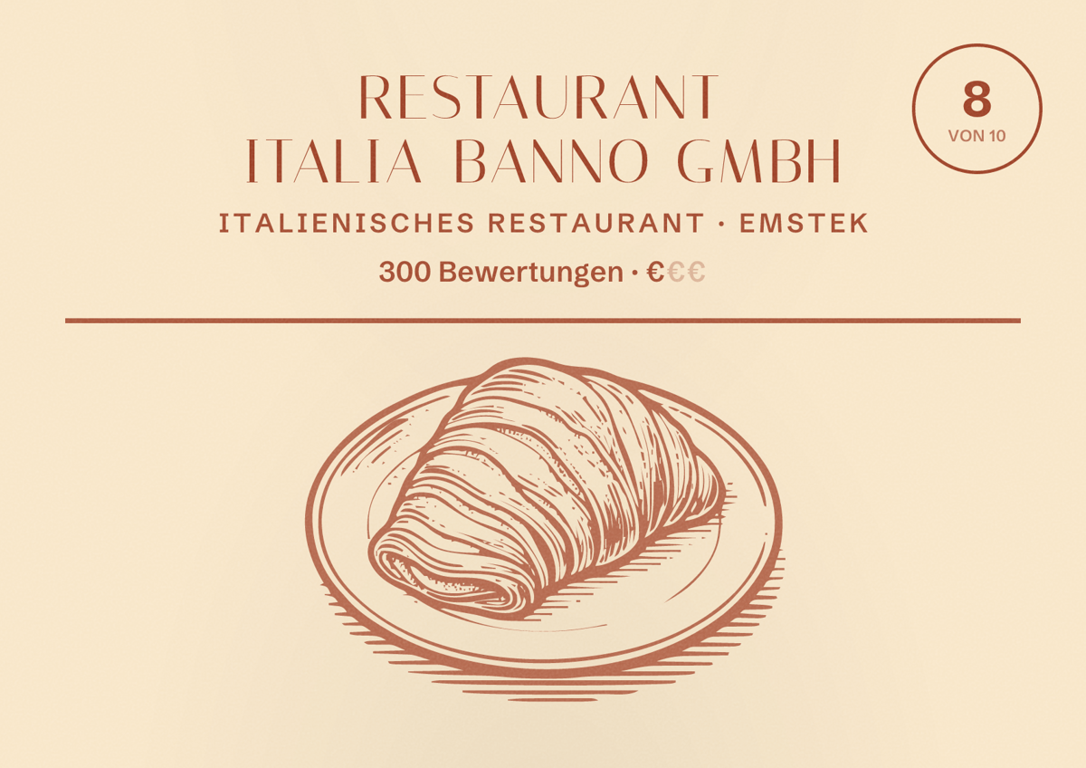 Illustriertes Poster von Restaurant Italia Banno GmbH, Italienisches Restaurant in Emstek: Bewertung 8 von 10 aus 300 Bewertungen, Preisniveau €