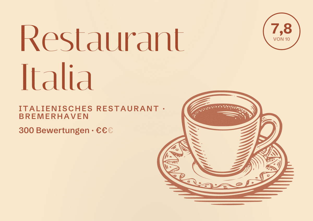 Illustriertes Poster von Restaurant Italia, Italienisches Restaurant in Bremerhaven: Bewertung 7,8 von 10 aus 300 Bewertungen, Preisniveau €€