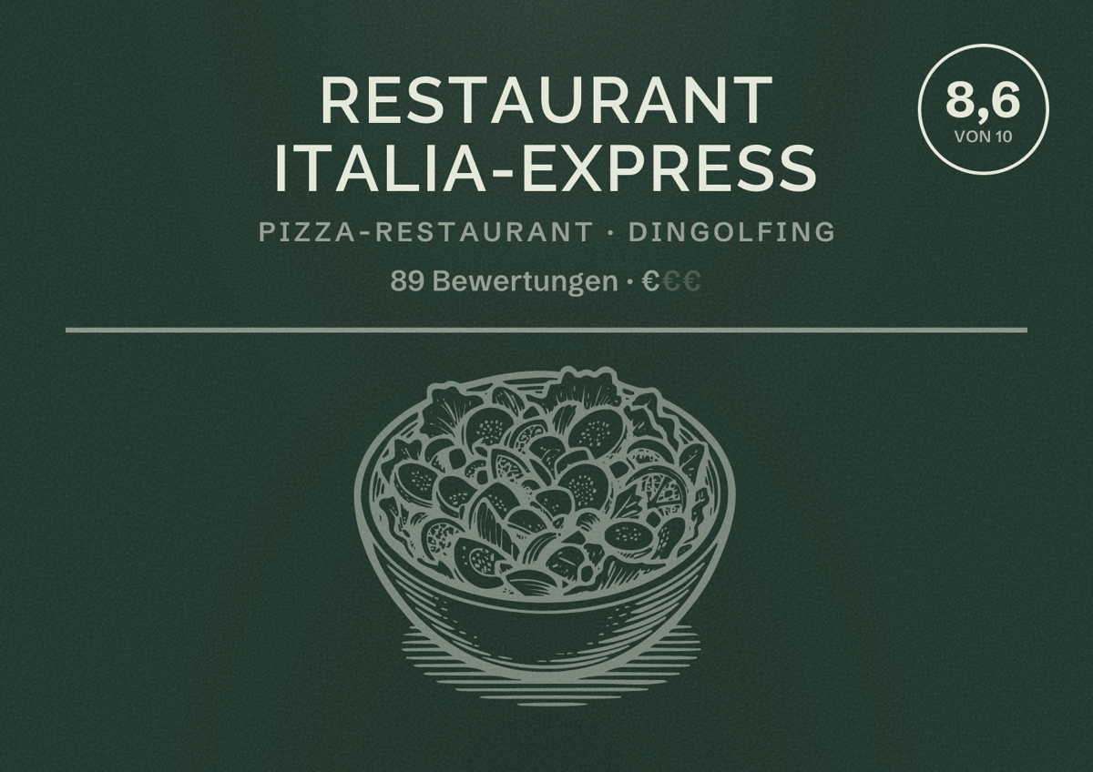 Illustriertes Poster von Restaurant Italia-Express, Pizza-Restaurant in Dingolfing: Bewertung 8,6 von 10 aus 89 Bewertungen, Preisniveau €