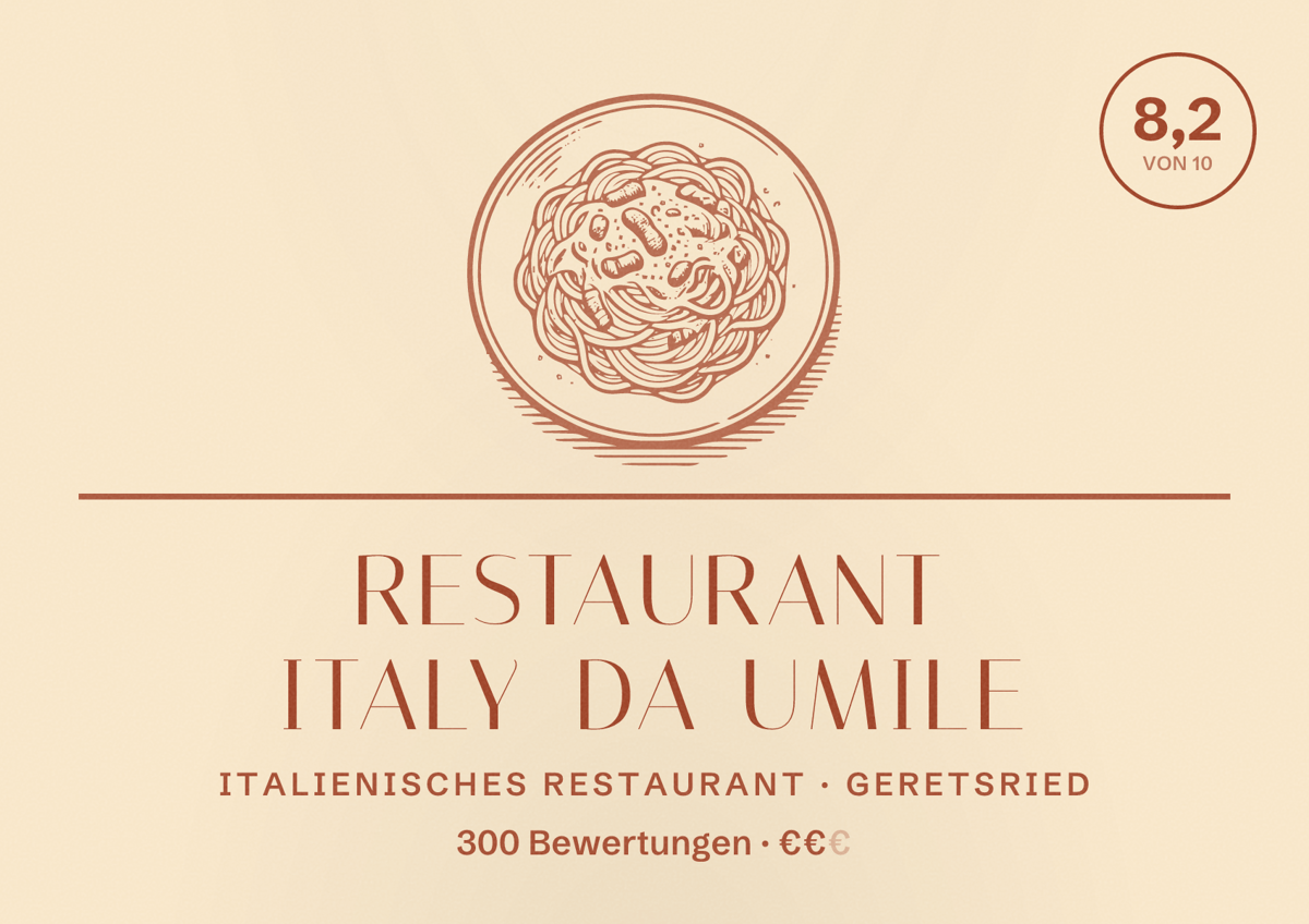 Illustriertes Poster von Restaurant Italy Da Umile, Italienisches Restaurant in Geretsried: Bewertung 8,2 von 10 aus 300 Bewertungen, Preisniveau €€