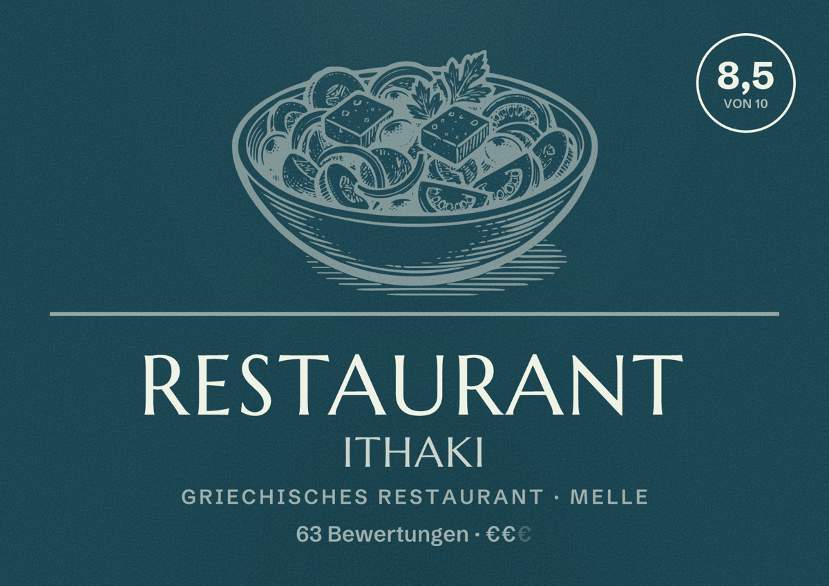 Illustriertes Poster von Restaurant Ithaki, Griechisches Restaurant in Melle: Bewertung 8,5 von 10 aus 63 Bewertungen, Preisniveau €€