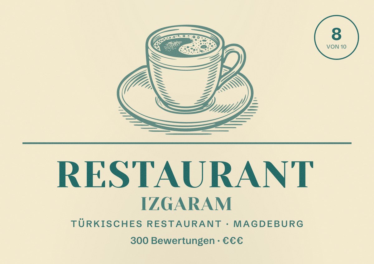 Illustriertes Poster von Restaurant Izgaram, Türkisches Restaurant in Magdeburg: Bewertung 8,0 von 10 aus 300 Bewertungen, Preisniveau €€€