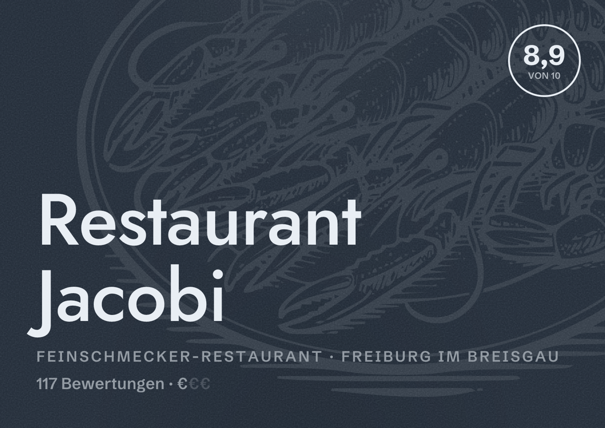Illustriertes Poster von Restaurant Jacobi, Feinschmecker-Restaurant in Freiburg im Breisgau: Bewertung 8,9 von 10 aus 117 Bewertungen, Preisniveau €