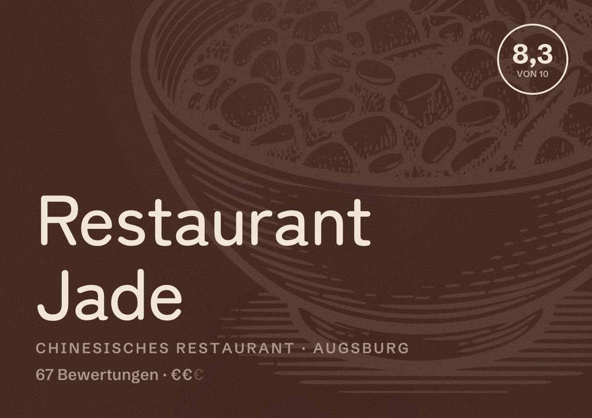 Illustriertes Poster von Restaurant Jade, Chinesisches Restaurant in Augsburg: Bewertung 8,3 von 10 aus 67 Bewertungen, Preisniveau €€