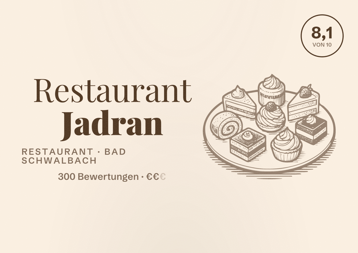 Illustriertes Poster von Restaurant Jadran, Restaurant in Bad Schwalbach: Bewertung 8,1 von 10 aus 300 Bewertungen, Preisniveau €€
