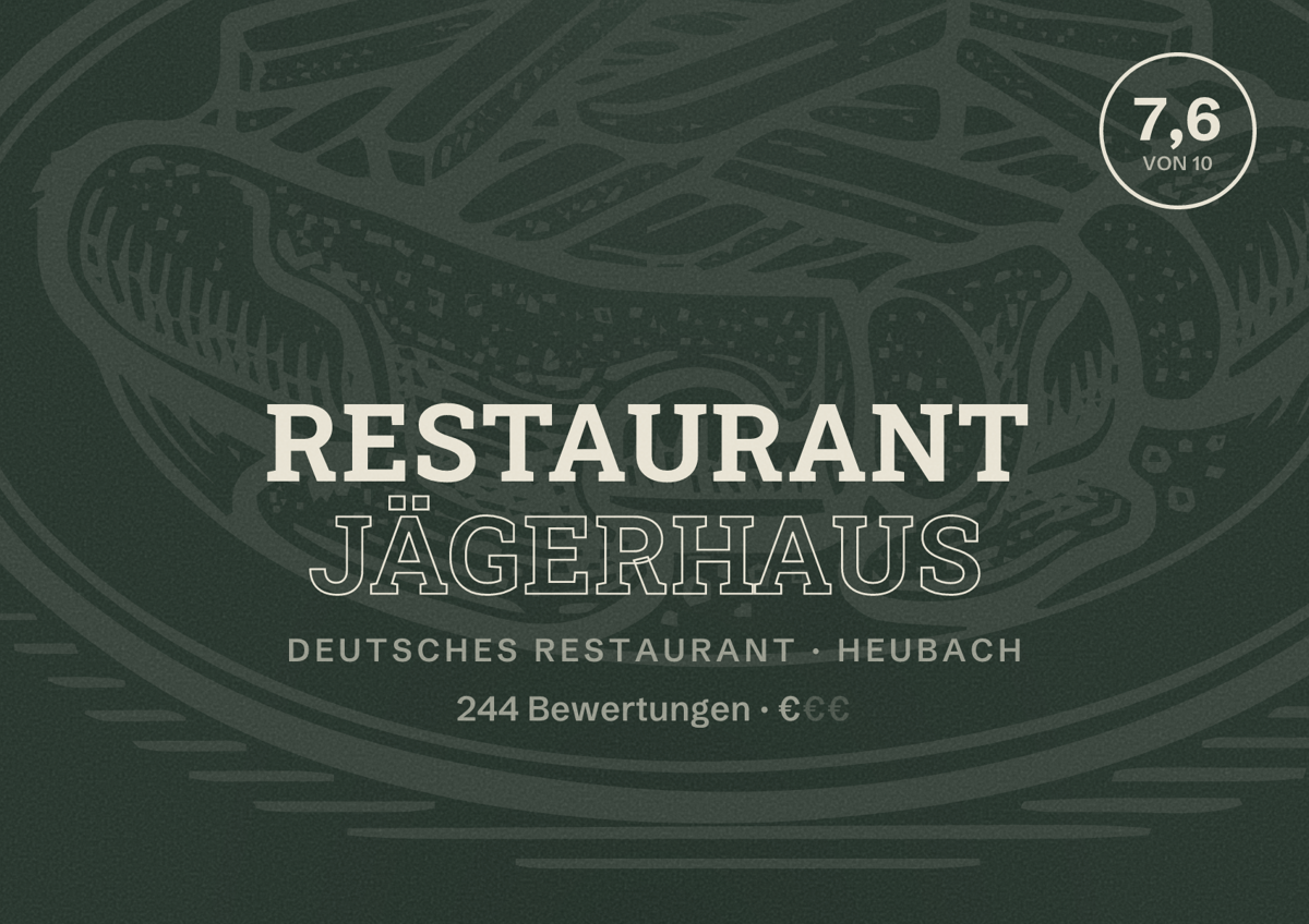 Illustriertes Poster von Restaurant Jägerhaus, Deutsches Restaurant in Heubach: Bewertung 7,6 von 10 aus 244 Bewertungen, Preisniveau €