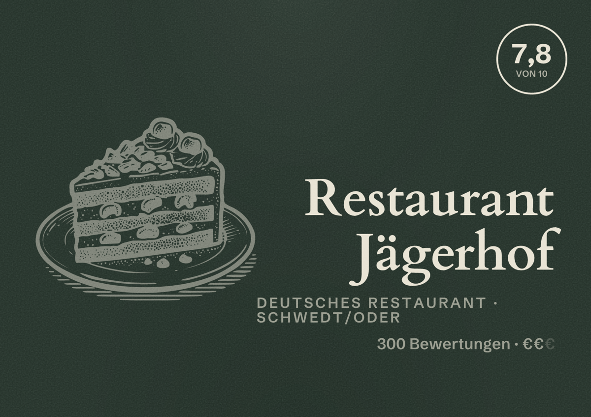 Illustriertes Poster von Restaurant Jägerhof, Deutsches Restaurant in Schwedt/Oder: Bewertung 7,8 von 10 aus 300 Bewertungen, Preisniveau €€