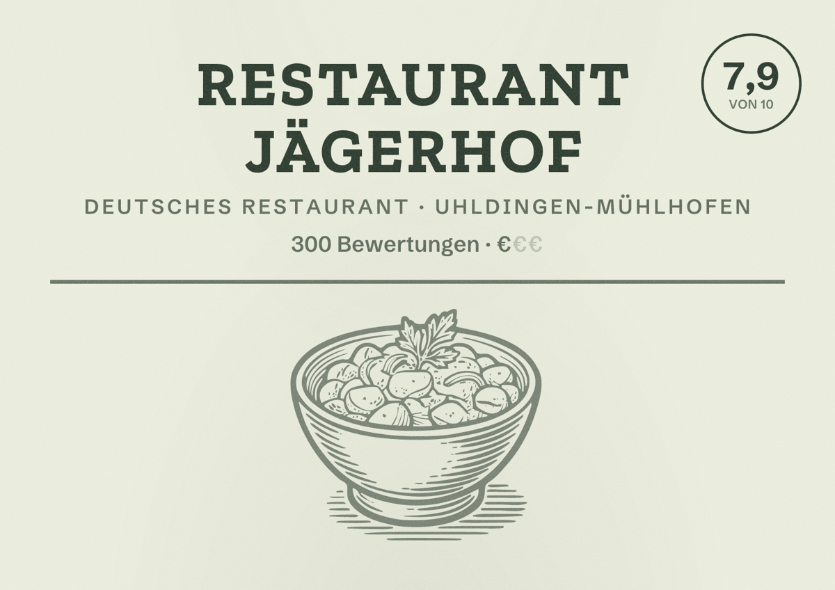 Illustriertes Poster von Restaurant Jägerhof, Deutsches Restaurant in Uhldingen-Mühlhofen: Bewertung 7,9 von 10 aus 300 Bewertungen, Preisniveau €