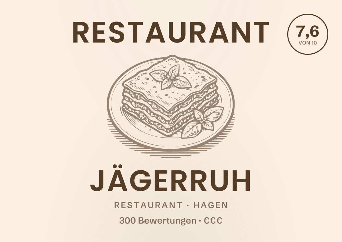 Illustriertes Poster von Restaurant Jägerruh, Restaurant in Hagen: Bewertung 7,6 von 10 aus 300 Bewertungen, Preisniveau €€€