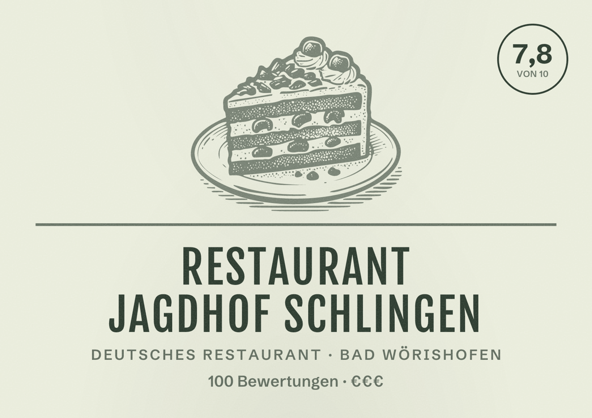 Illustriertes Poster von Restaurant Jagdhof Schlingen, Deutsches Restaurant in Bad Wörishofen: Bewertung 7,8 von 10 aus 100 Bewertungen, Preisniveau €€€