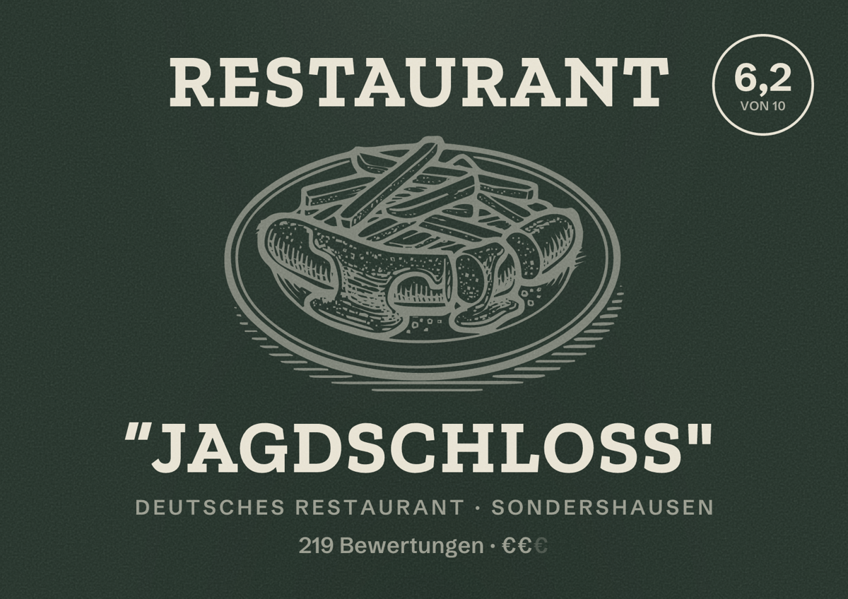Illustriertes Poster von Restaurant “Jagdschloss", Deutsches Restaurant in Sondershausen: Bewertung 6,2 von 10 aus 219 Bewertungen, Preisniveau €€