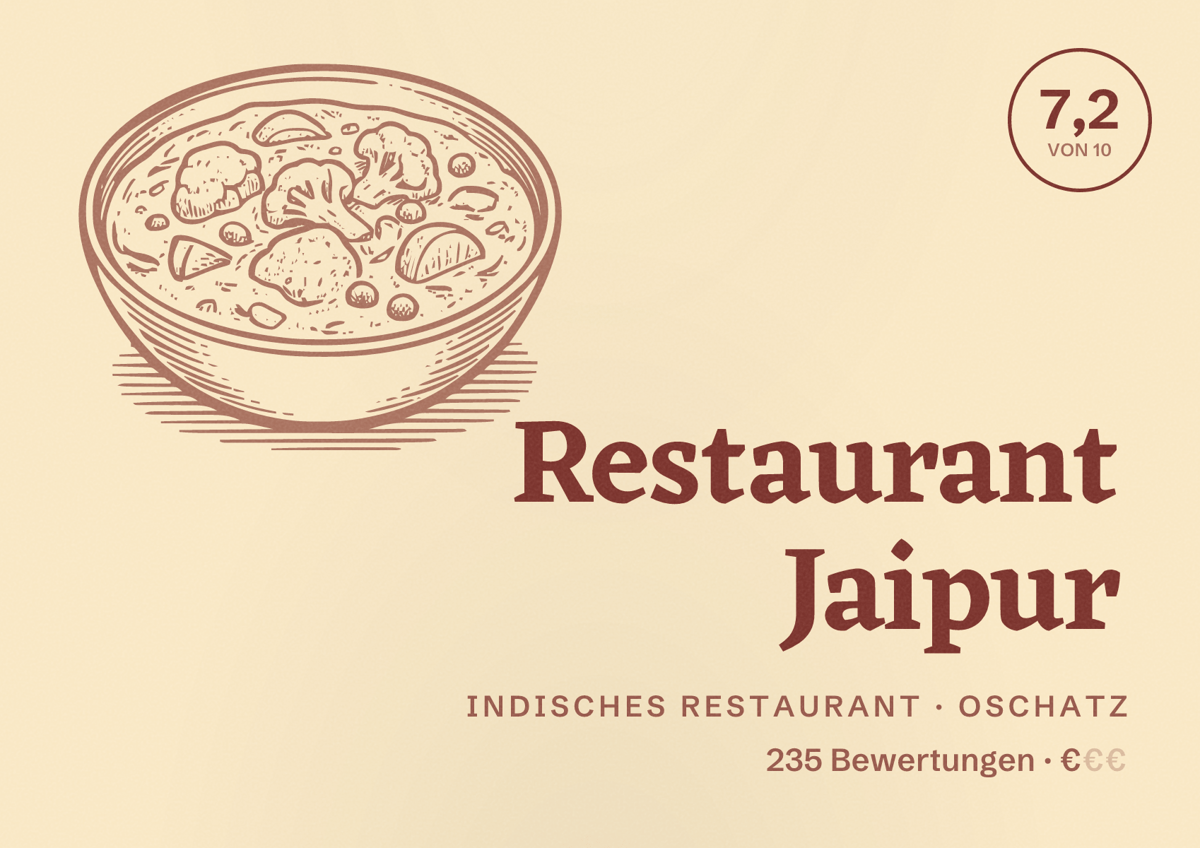 Illustriertes Poster von Restaurant Jaipur, Indisches Restaurant in Oschatz: Bewertung 7,2 von 10 aus 235 Bewertungen, Preisniveau €