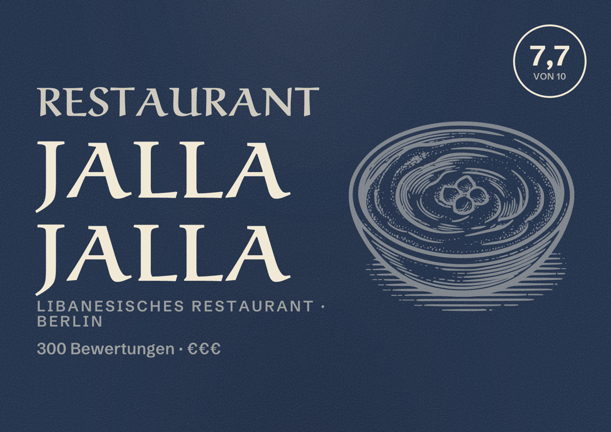 Illustriertes Poster von Restaurant Jalla Jalla, Libanesisches Restaurant in Berlin: Bewertung 7,7 von 10 aus 300 Bewertungen, Preisniveau €€€