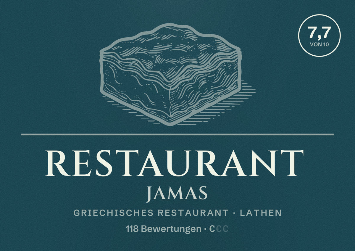 Illustriertes Poster von Restaurant Jamas, Griechisches Restaurant in Lathen: Bewertung 7,7 von 10 aus 118 Bewertungen, Preisniveau €