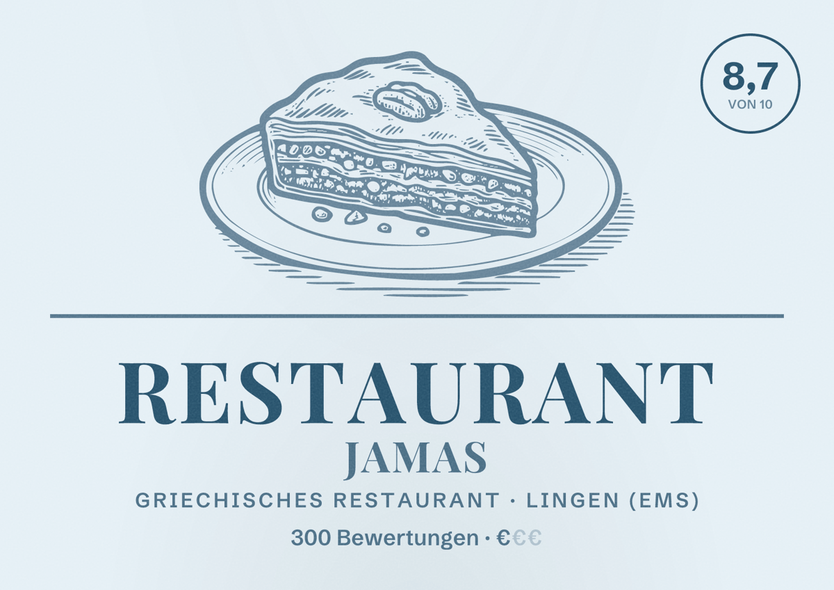 Illustriertes Poster von Restaurant Jamas, Griechisches Restaurant in Lingen (Ems): Bewertung 8,7 von 10 aus 300 Bewertungen, Preisniveau €
