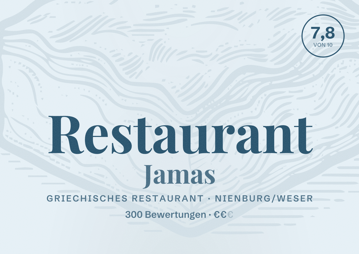 Illustriertes Poster von Restaurant Jamas, Griechisches Restaurant in Nienburg/Weser: Bewertung 7,8 von 10 aus 300 Bewertungen, Preisniveau €€