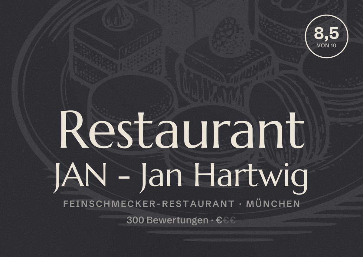 Illustriertes Poster von Restaurant JAN - Jan Hartwig, Feinschmecker-Restaurant in München: Bewertung 8,5 von 10 aus 300 Bewertungen, Preisniveau €