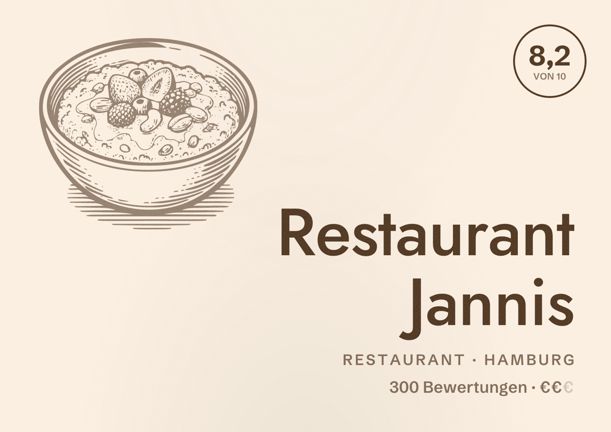 Illustriertes Poster von Restaurant Jannis, Restaurant in Hamburg: Bewertung 8,2 von 10 aus 300 Bewertungen, Preisniveau €€
